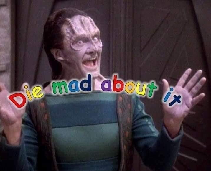 This meme features a still image of a character from the TV show Star Trek: Deep Space Nine, specifically the alien species known as a Changeling. The character, known as the Changeling's leader, is shown with a surprised expression. The text "Die mad about it" is written across the image in a playful, childlike font, referencing the phrase "Die mad" from the popular internet meme "Die Mad" that originated on the internet.